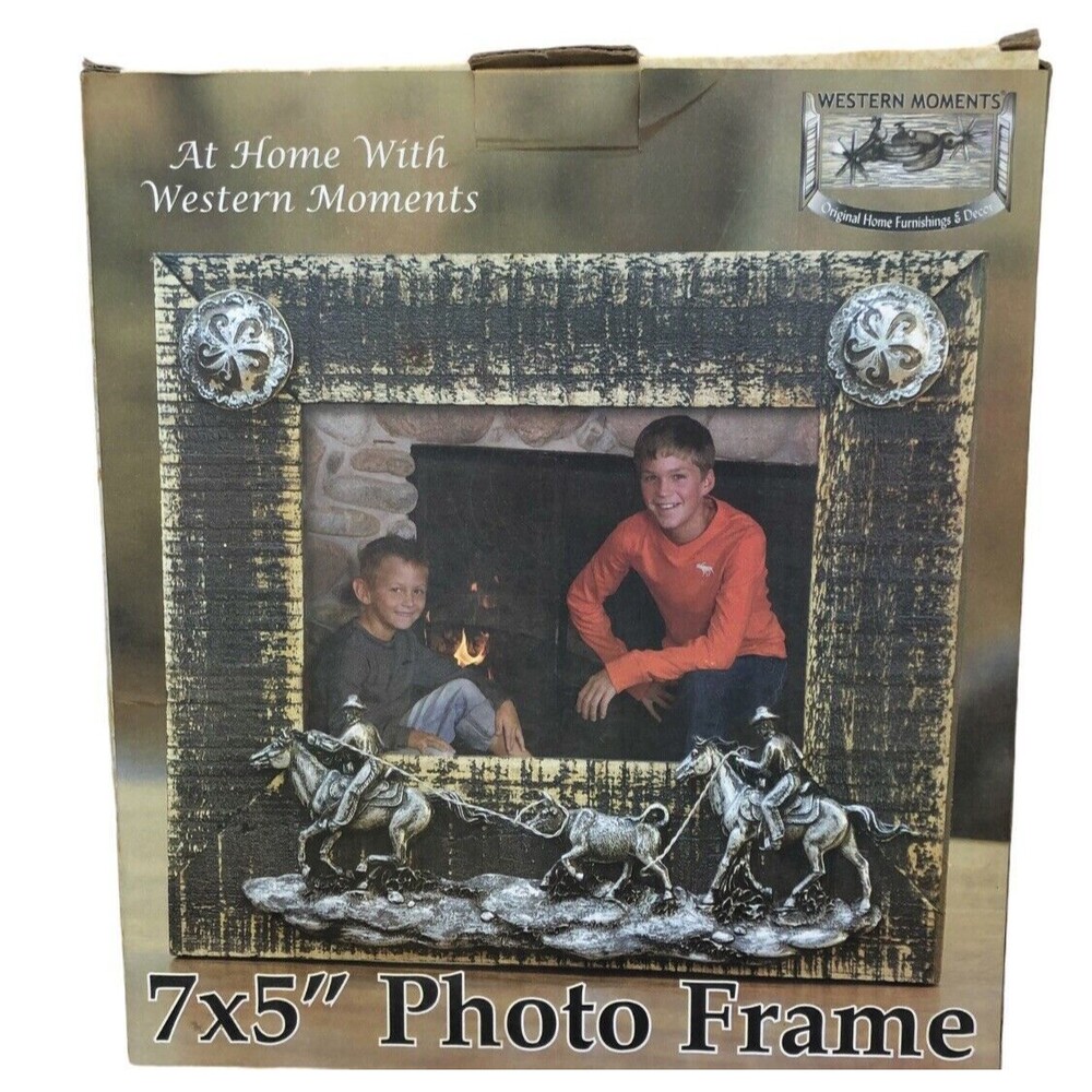 Western Moments Photo Frame Wooden 7x5” Metal horses cowboys Outside 10x9 NIB‎